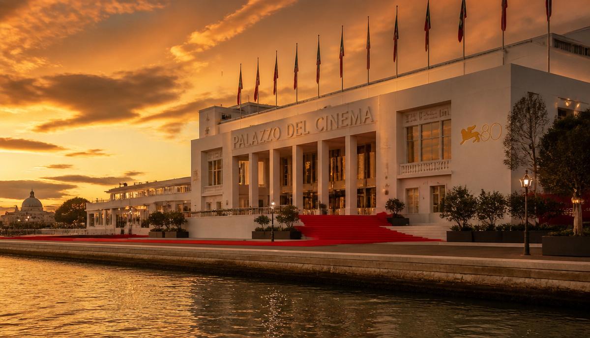 Palazzo del Cinema na Lido di Venezia podczas złotej godziny — siedziba Międzynarodowego Festiwalu Filmowego w Wenecji.
